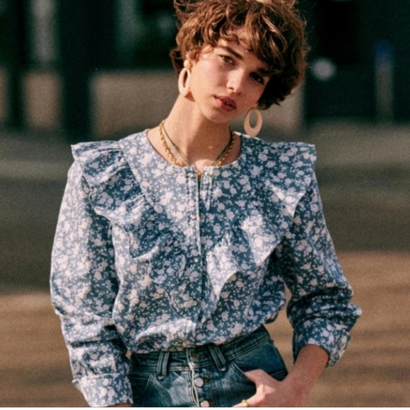 Nwt! Sezane Angele Shirt Two Tone Blue Flower Print